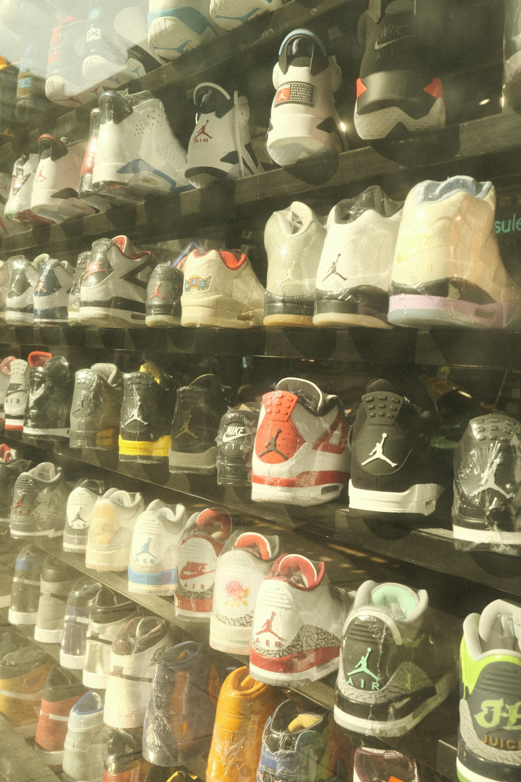 A wall filled with collectible sneakers